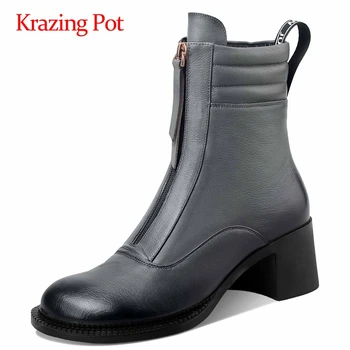 

Krazing pot 2020 large size work boots convenient natural leather zipper decorations round toe thick high heels ankle boots L8f6
