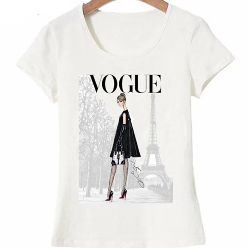 Vintage Vogue Paris negro impresión chica camisa verano moda mujer c Vintage Vogue Paris negro impresión chica camisa verano moda mujer c