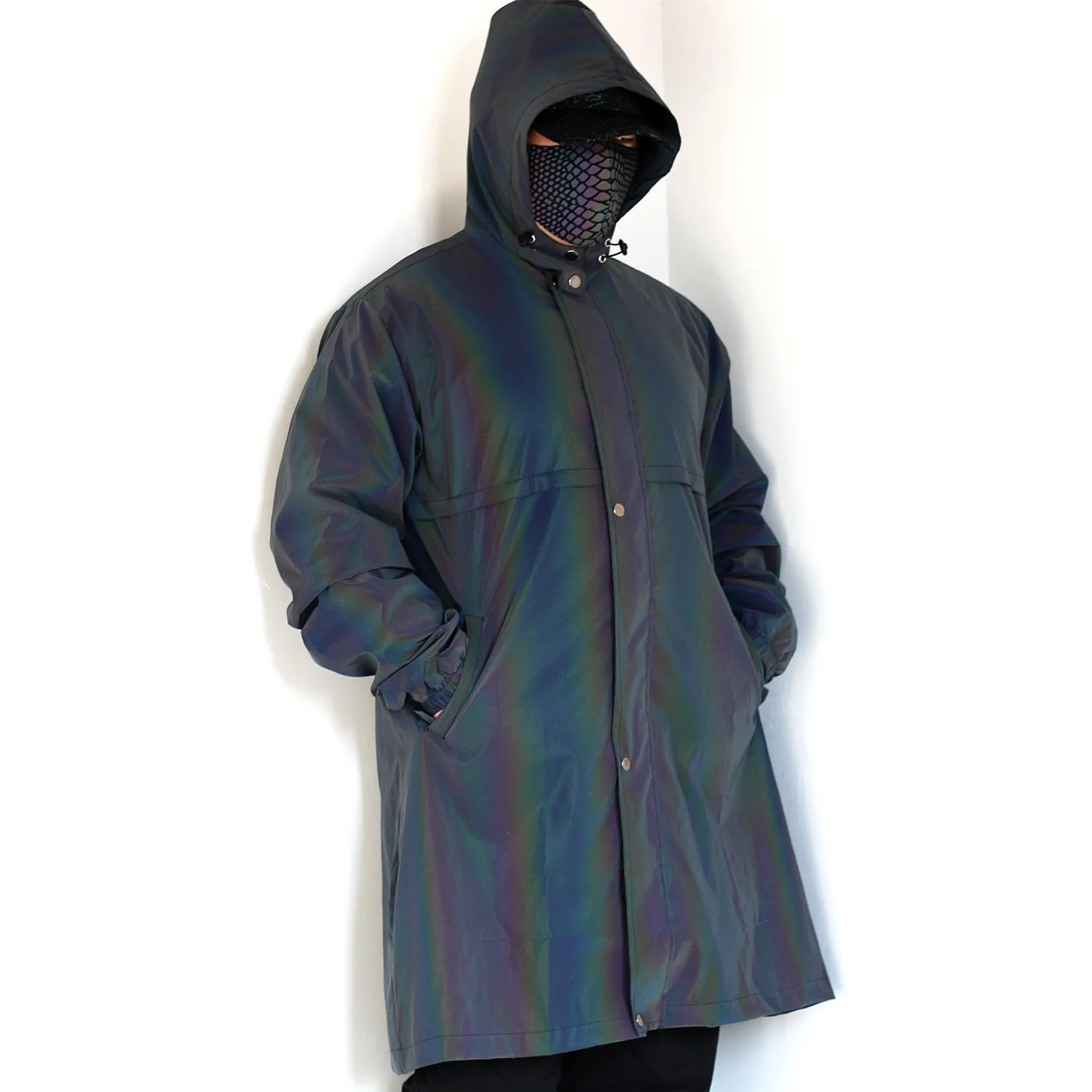 Men Unisex High Street Rainbow Reflective Hooded Jacket Windbreaker Dust Coat Trench