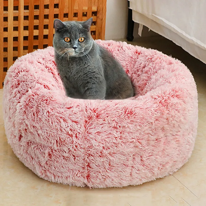 Pet Dog Bed Warm Fleece Round Dog Kennel House Long Plush Winter Pets