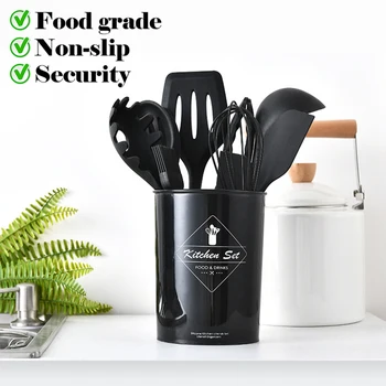 

11pcs Silicone Kitchenware Cooking Utensils Tools Set Non-stick Spatula Shovel Wooden Handle Cooking Tools with Storage Box