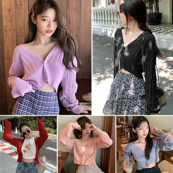 

Women's Fashion Deep V-neck Short Jacket Button Short Exposed Navel Knitted Long Sleeve Cardigan M