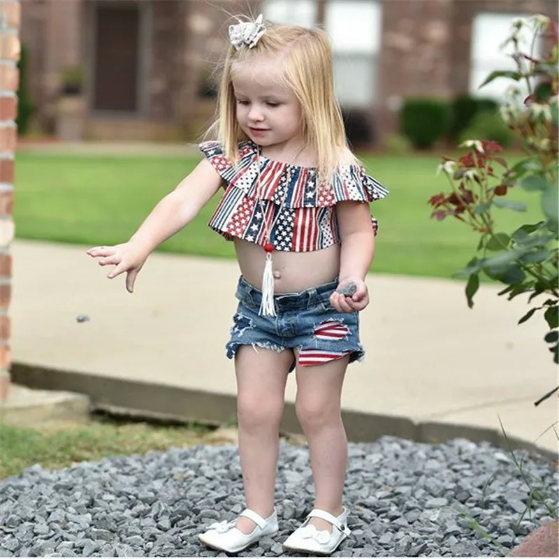 

Summer Baby Clothes Strap Off Shoulder Top Star Print Striped Sleeveless T-Shirt + Ripped Hole Denim Shorts Kids Two Peices Set
