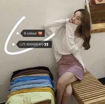 

PX224 Open collarbone crew neck loose long sleeve T-shirt for women