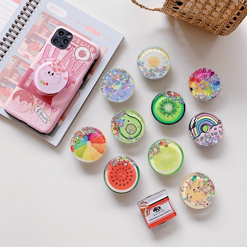 

Universal Cute Cartoon Fruit Quicksand Foldable Mobile Phone Finger Ring Bracket Handle Air Bag Bracket Accessories For Iphone