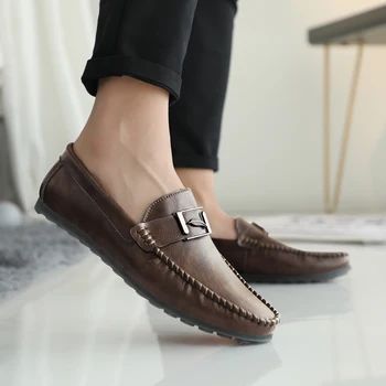 

Men Leather Shoes Flats Casual Shoes Men Loafers Soft Leather Footwear Breathable Slip on Driving Mens Shoes Khaki Brown