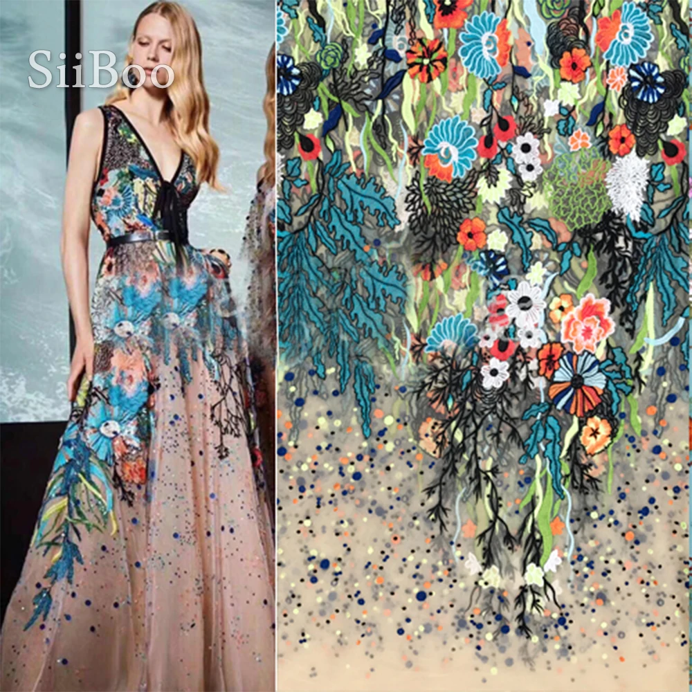 Multi color elegant floral embroidery apricot mesh lace fabric apparel for wedding party dress