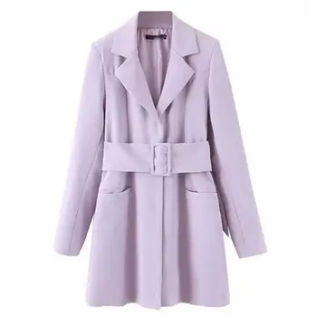 

New Women Notched Purple Long Blazers Coats Elegant Casual Solid Jackets With Belt Work Office Jackets Tops
