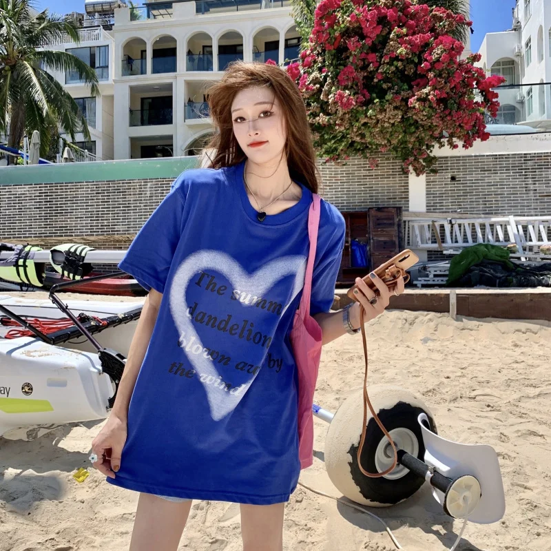 Повседневная Свободная длинная футболка с надписью Love летняя белая Корейская