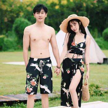 

Couples Swimwear Women 3 Pieces Bikini Sets Cover Up Mans Swimwear Beach Trunks Shorts Lover's Printed Swimsuit Beach Dress 2020