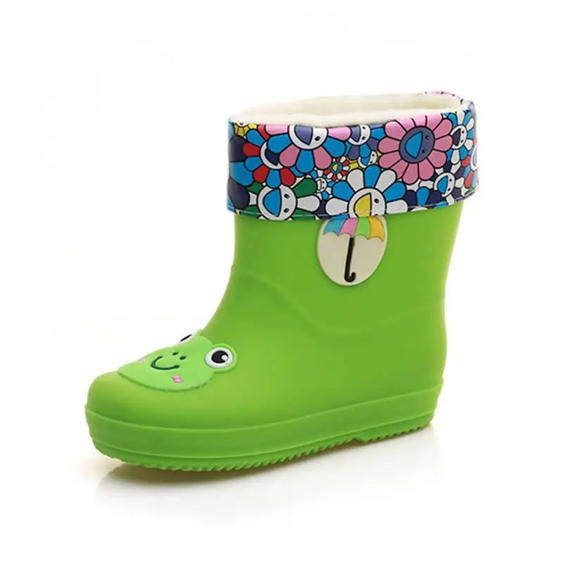 Непромокаемые сапоги для мальчиков; резиновые сапоги для маленьких девочек; водонепроницаемые сапоги из пвх; теплая Новая детская водонепроницаемая обувь с героями мультфильмов; Всесезонная Съемная обувь - Цвет: Green