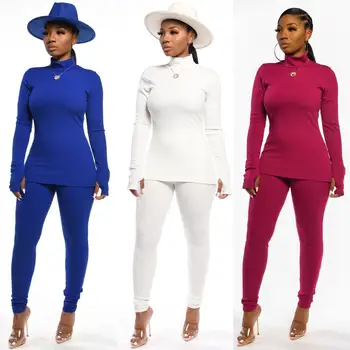 

2019 Winter Women's Two Piece Set Turtleneck Solid Long Sleeve Top Leggings Pants Tracksuits Casual Sporty Outfits