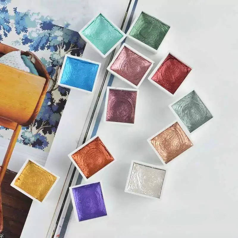 12 Colors Solid Watercolor Paints Set Textured Pearlescent Pigment Metallic Glitter Acuarela Suit Portable Art Supplies