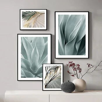 

Green Palm Leaf Wall Art Golden Leaves Canvas Painting Minimalist Posters and Prints Picture for Living Room Decoration Home