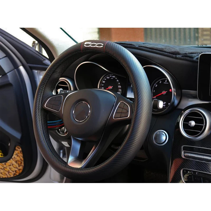Чехол на руль автомобиля из углеродного волокна для Fiat 500 модный нескользящий