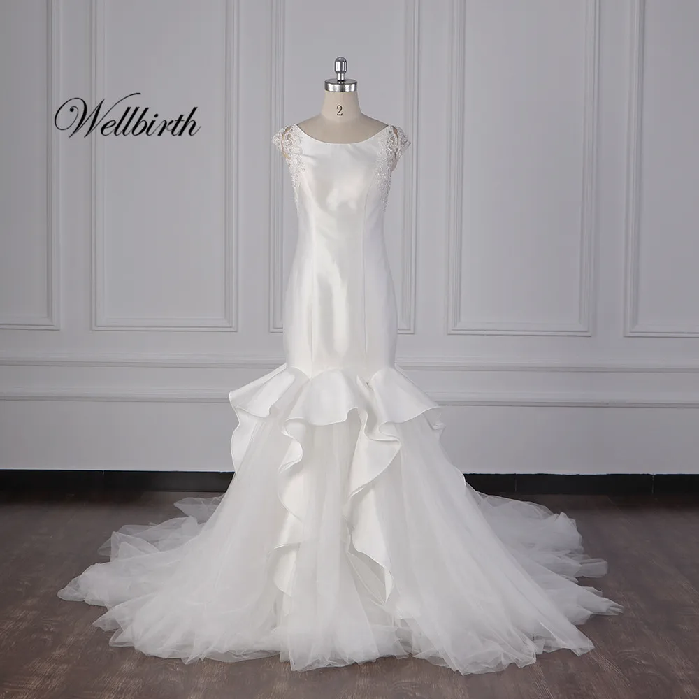 Реальное изображение Wellbirth Vestido de novia, вырез лодочкой, свадебное платье русалки на шнуровке сзади, свадебное платье js012