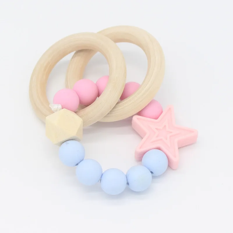 Imebaby Baby Cartoon Molar Wooden Teether Rodent Child Silicone Bead DIY Bracelet Baby Hand Toy Teether