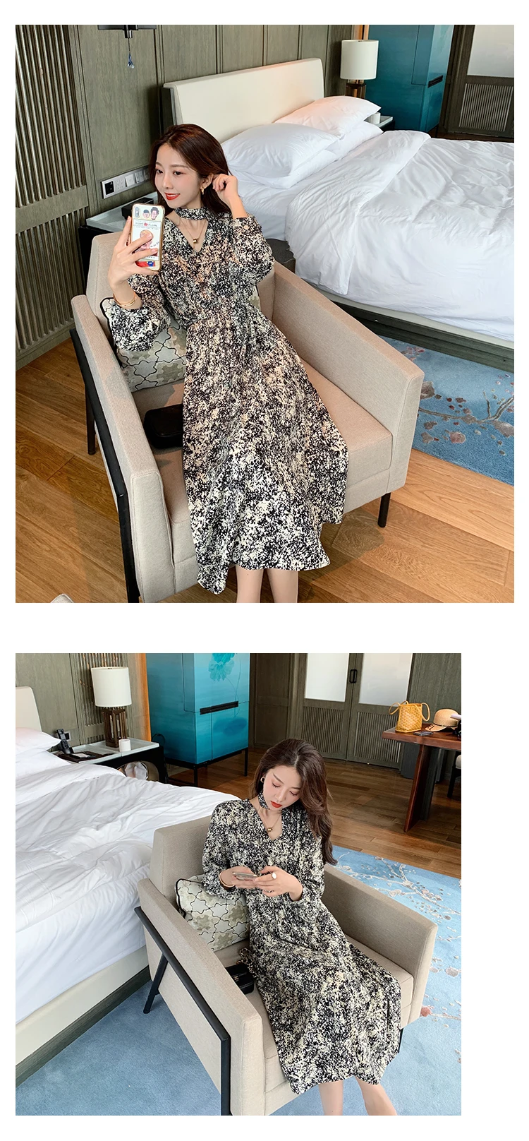 Vintage Print Holiday Boho Dress Women Long Sleeve Robe Femme Autumn Beach Sundress Korean Ladies Fashion Long Dress Vestidos