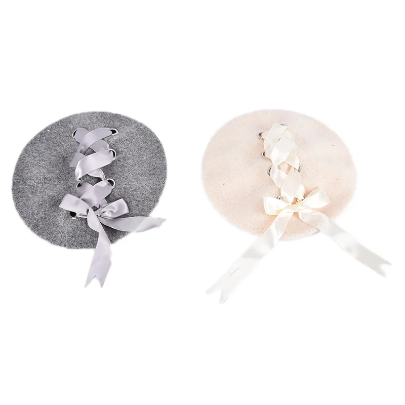 Bandage Elegant Bow Beret Beanie Harajuku Cute Sweet Round French Straps Black Fshionable Winter Warm Daily Casual Hat