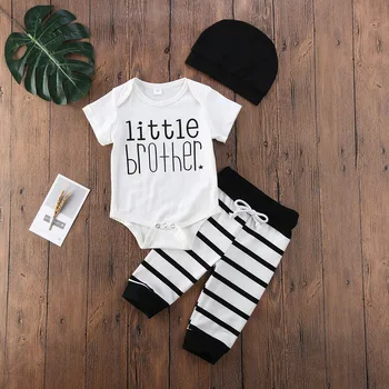

Infant Baby Boy Sets Clothes Little Brother Letter Print Bodysuit + Striped Pants + Black Hat 3Pcs Outfit Set