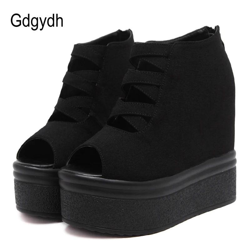 

Gdgydh Peep Toe Wedges Heels Platform Shoes Women Gladiator Shoes High Heels Back Zip Comfortable Black Suede Nightclub Party