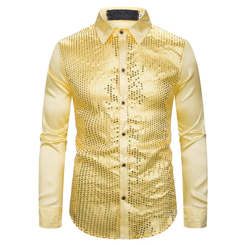 Мужская шелковая атласная рубашка с блестками, модная новинка, свадебная рубашка для жениха, сценического выпускного, мужские вечерние рубашки для дискотеки, мужская красная сорочка - Цвет: Gold