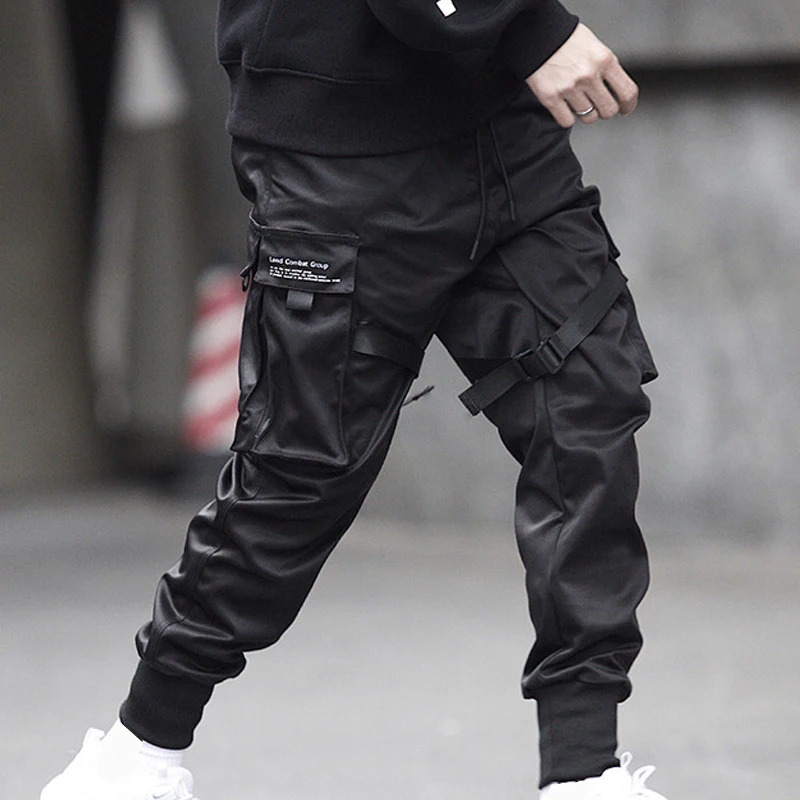 Модные мужские брюки для бега с карманами, полная длина, эластичный пояс, Повседневная Уличная одежда, крутые черные брюки-карго в стиле хип-хоп