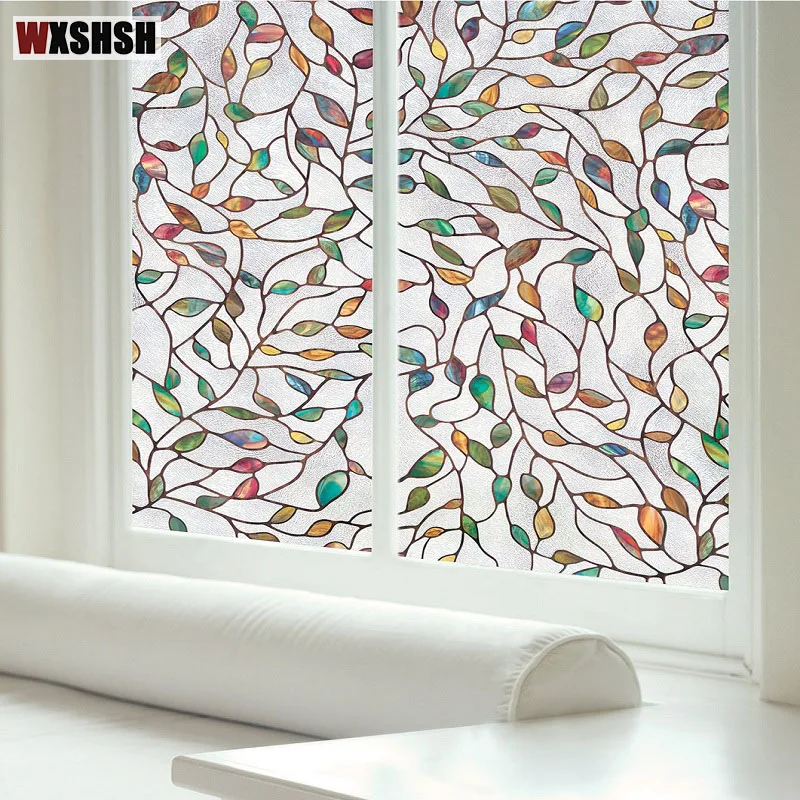 Stained Leaf Window Film Electrostatic Heat-Proof Privacy Protection Reusable Removable Home-Decor Window Covering