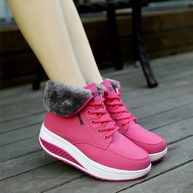 

Women Boots Winter Female Plus Velvet Swing Shoes Warm Snow Boots Wedges Waterproof Cotton Shoes Fur Ankle Boots For Women Red