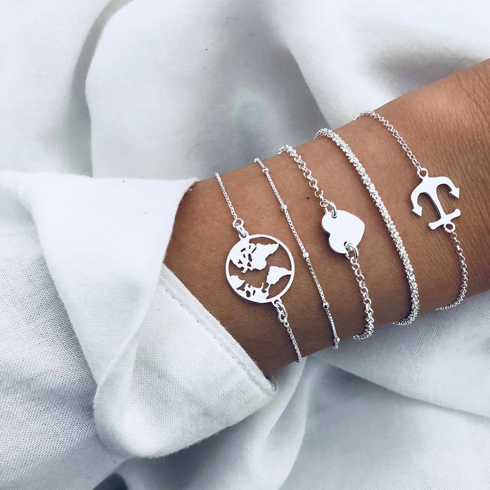 

5Pcs/Set Trendy Heart Anchor Map Chain Bracelet Set Bohemian Fashion Silver Link Bracelets Women's 2019 Jewelry Gifts