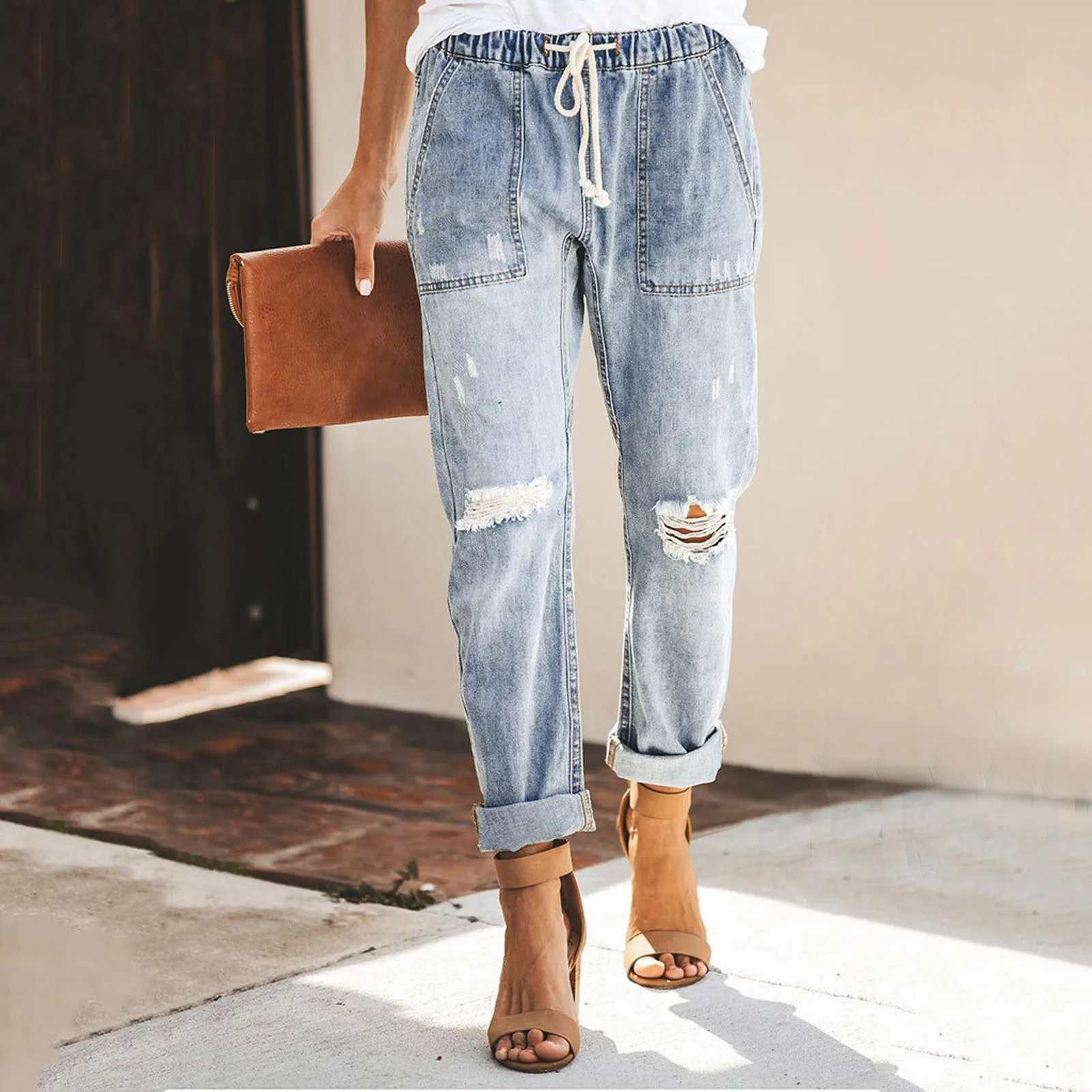 Pantalones vaqueros desgastados básicos para mujer, Vaqueros largos rectos que combinan con todo, de cintura alta, elásticos, # T2G