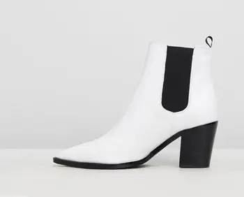 

Top White Ankle Chelsea Boots Woman Pointed Toe High Thick Heels Elastic Band For Ladies Spring Autumn Booties Large Casual 4-16