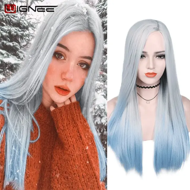 Wignee Long Natural Straight Wig Blonde Middle Part Cosplay Party Lolita Synthetic Wigs for Women Heat Resistant Fiber White to Blue