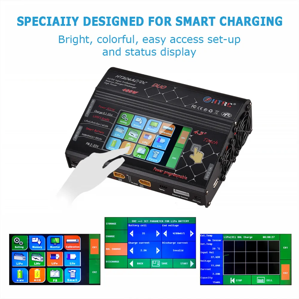 

HT206 RC Balance Charger AC/DC DUO 200W*2 20A*2 Dual Port 4.3" Color LCD Touch Screen for Lilon/LiPo/LiFe/LiHV Battery