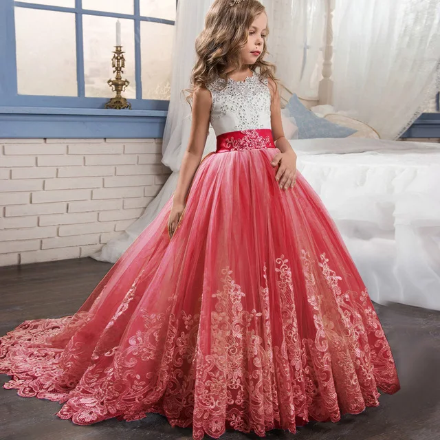Платья с цветочным узором для девочек на свадьбу, кружевное платье с вышивкой и бусинами и бантом, платье для выпускного бала для девочек - Цвет: Red