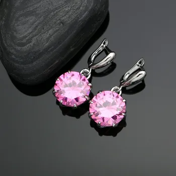 طقم مجوهرات نسائي من الفضة الإسترليني عيار 925 مرصع بأحجار مستديرة ، طقم مجوهرات زركونيا مكعبة باللون الوردي ، أقراط من الكريستال الأبيض ، قلادة ، خاتم ، سوار ، قلادة 3