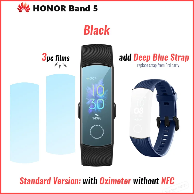 Умный Браслет huawei Honor Band 5 с кислородом крови, магическим экраном, спортивный браслет для здоровья, монитор для плавания, пульсометр, сон - Цвет: BLK add deep BLU