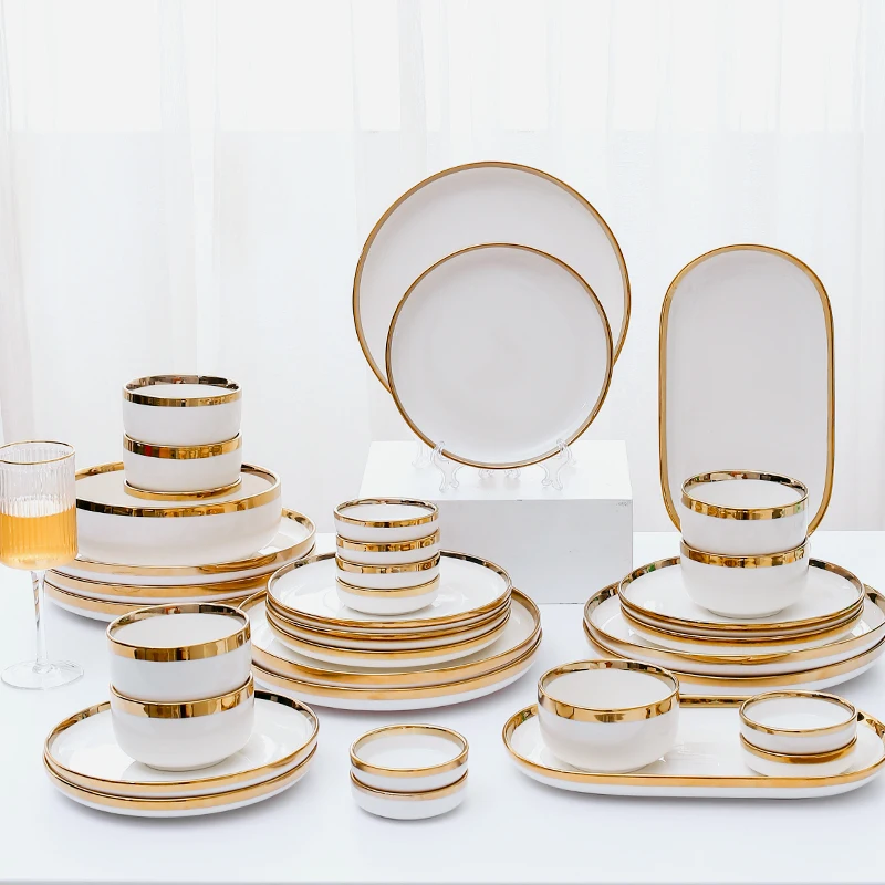 Set de 6 platos llanos de porcelana blanca con doble filo de oro, Bremen