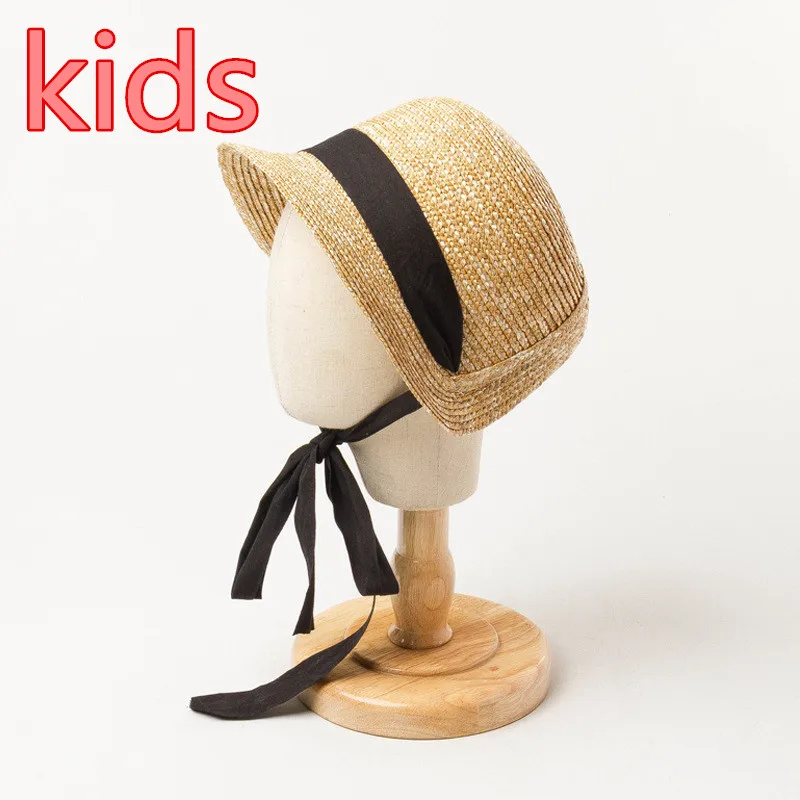 

202008-HH6038 summer handmade straw French garden Lolita holiday black long ribbon kids sun cap children leisure hat