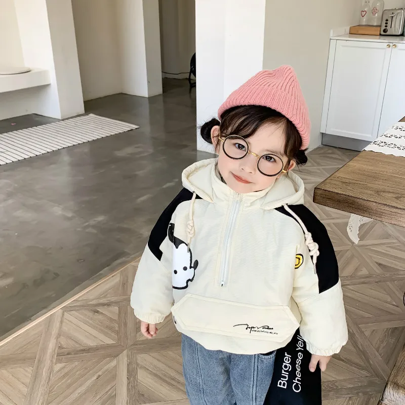 

Winter children's coat New Arrival korean style cartoon letters printed thickened hooded short jacket for cute baby girls boys