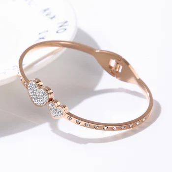 

OUFEI 2020 New Double Heart Bracelet Stainless Steel Bangles For Women Accessories Rhinestones Crystal Bangles Fashion Jewelry