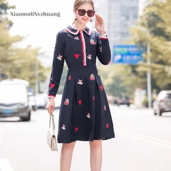

Xiaomoli European and American women's color matching waist show thin embroidery Strawberry Love Print Dress 2020 spring new