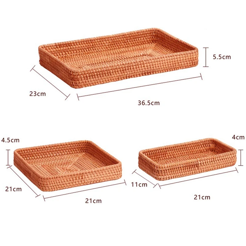 

Hot Sale Set Of 3 Handmade Rattan Rectangle Serving Tray Wicker Serving Organizer Tabletop Fruit Platter