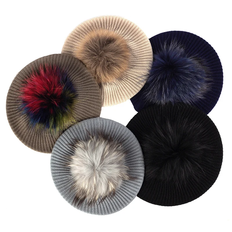 Women's Knitted Elegant Berets Soft With Real Pompom Female Artist Fashion Retro Hats Lady Solid Color French Simplicity Caps 4