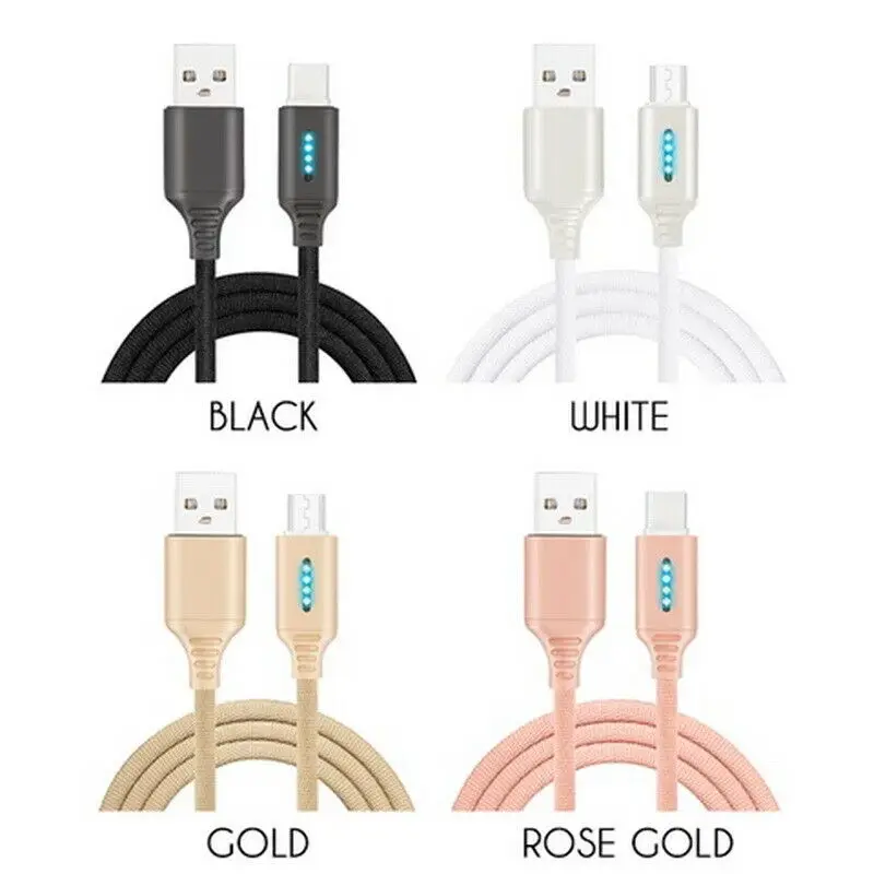 

1M Smart Type C 2A Tablet Cable Auto Disconnect Charger LED Lighting USB Cable Nylon Braided Fast Charging Dropshipping