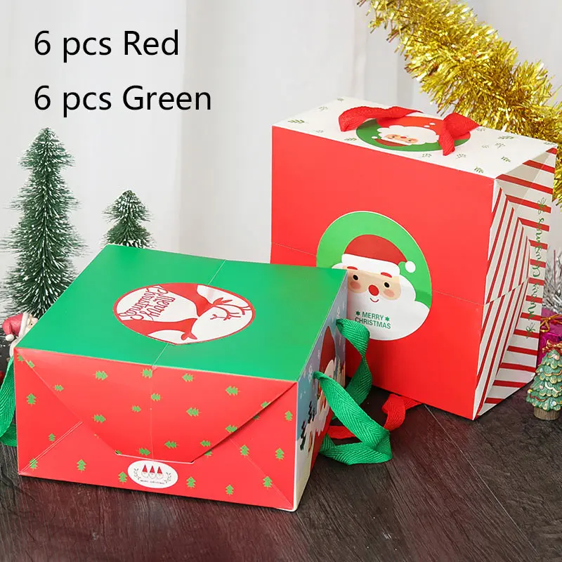Коробка для рождественских кексов мультфильм Санта Клаус упаковка вечерние сувениры квадратные десертные сумки рождественские украшения подарочные коробки с ручкой красный - Цвет: 12 pcs-Red Green