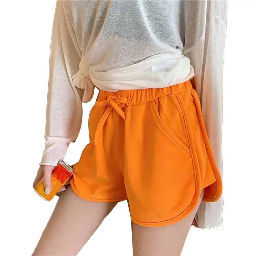 

Women Home Casual Solid Color High Waist Drawstring Pockets Loose Running Shorts