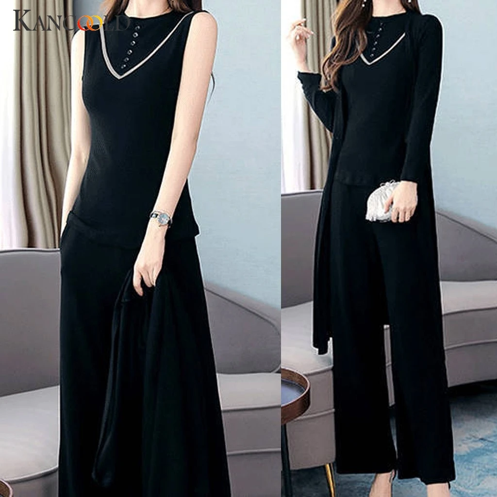 KANCOOLD Knitted 3 Pieces Set Women Tracksuit Long Sleeve Cardigan and Sleeveless Pullover Tops Wide Leg Pants Women's Sets 2019 | Женская