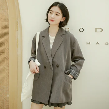 

Women's Spring Autumn Fashion Plaid Notched Collar Double Breasted Long Sleeve Casual Suit Top