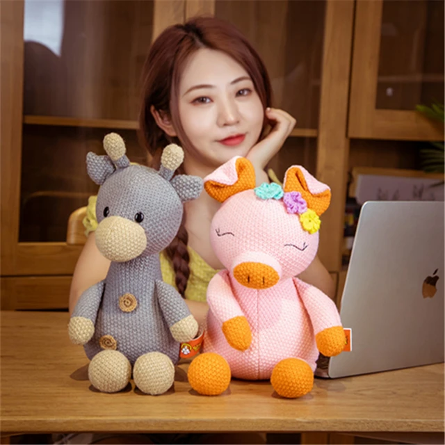 Cartoon wool stuffed animal crossing plush toy pink pig elephant rabbit bear rag doll baby soothing hand puppet decoration gifts 1